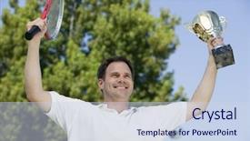  Presentation with trophy award - Slides consisting of award winners - man holding tennis rackets background and a sky blue colored foreground