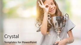  Presentation with trophy award hand holding - Colorful slide deck enhanced with award winning fun - brunette hispanic girl holding backdrop and a lemonade colored foreground