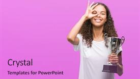  Presentation with trophy - PPT theme consisting of award winning fun - young hispanic woman holding trophy background and a lilac colored foreground