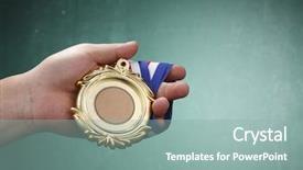  Presentation with medal - Theme enhanced with award ribbon - human hand holding a medal background and a mint green colored foreground