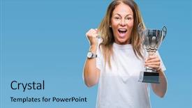 Presentation with award winner - Cool new theme with awards celebration - middle age hispanic winner woman backdrop and a light blue colored foreground