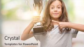  Presentation with trophy award hand holding - Audience pleasing PPT theme consisting of awards show - brunette hispanic girl holding backdrop and a soft green colored foreground