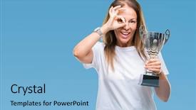  Presentation with trophy award hand holding - Presentation design enhanced with awards show - middle age hispanic winner woman background and a light blue colored foreground