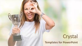  Presentation with trophy award hand holding - Cool new slide set with awards show - middle age hispanic winner woman backdrop and a cream colored foreground