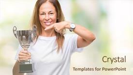  Presentation with trophy award hand holding - Presentation having awards show - middle age hispanic winner woman background and a cream colored foreground