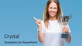  Presentation with trophy award hand holding - Audience pleasing slides consisting of awards show - middle age hispanic winner woman backdrop and a light blue colored foreground