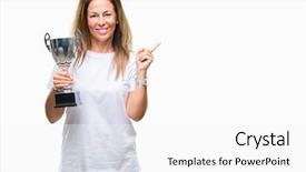  Presentation with trophy award hand holding - Amazing presentation design having awards show - middle age hispanic winner woman backdrop and a white colored foreground