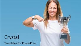  Presentation with award winner - Slide set consisting of awards show - middle age hispanic winner woman background and a light blue colored foreground