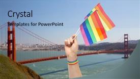  Presentation with rainbow lgbt - PPT theme featuring awareness wristband holding rainbow flag background and a light blue colored foreground