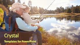  Presentation with lake fish - PPT theme with away fishing - senior man teaching his grandson background and a tawny brown colored foreground
