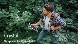  Presentation with man on top of mountain - Theme with away man with tablet binoculars background and a tawny brown colored foreground