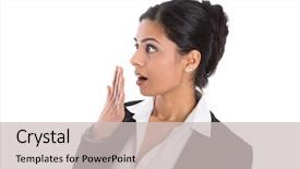  Presentation with pcos woman - Beautiful presentation design featuring away manger - portrait of surprised woman isolated backdrop and a light gray colored foreground