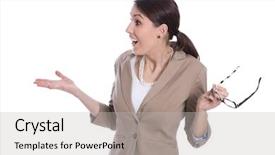  Presentation with glasses - Slide deck featuring away manger - surprised isolated young businesswoman isolated background and a  colored foreground