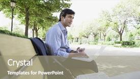  Presentation with laptop - Colorful slides enhanced with away while sitting on bench backdrop and a mint green colored foreground