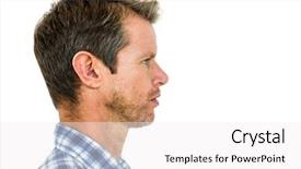  Presentation with man looking up happy - Slide set with away while standing over white background and a white colored foreground