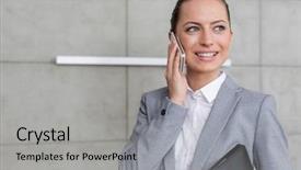  Presentation with realtor - Cool new PPT theme with woman using smart wall home - smiling young female realtor looking backdrop and a light gray colored foreground