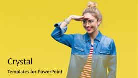  Presentation with young woman wearing boxer gloves - Colorful slide deck enhanced with away with hand over head backdrop and a  colored foreground