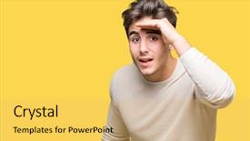  Presentation with man looking up happy - Colorful slide deck enhanced with away with hand over head backdrop and a  colored foreground