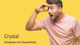  Presentation with man looking up happy - Audience pleasing slide deck consisting of away with hand over head backdrop and a  colored foreground