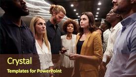  Presentation with waiting - Presentation theme featuring awayday - work colleagues stand waiting together background and a tawny brown colored foreground