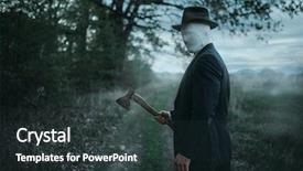  Presentation with serial killer - Audience pleasing PPT theme consisting of axe in forest bloody killer backdrop and a tawny brown colored foreground