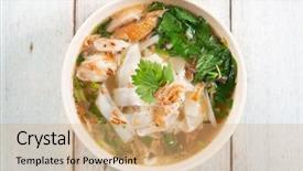  Presentation with noodles - PPT layouts having ayam - asian kway teow soup noodles background and a coral colored foreground