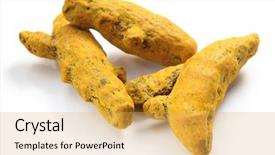  Presentation with food saffron - Theme featuring ayurvedic medicinal - dried rhizomes of the turmeric background and a yellow colored foreground