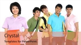  Presentation with pink white - Presentation consisting of ayus - 5 asian happy university students background and a  colored foreground