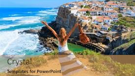  Presentation with tourist - Presentation theme enhanced with azenhas-do-mar-happy-woman background and a yellow colored foreground
