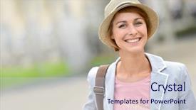  Presentation with hat - Presentation design having azteca - cheerful girl with hat walking background and a  colored foreground