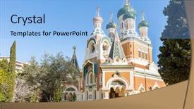  Presentation with redevelopment of church - Presentation design having azure - orthodoxy church in nice riviera background and a light blue colored foreground