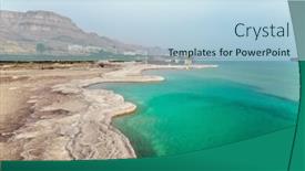  Presentation with resorts - Slides with azure sea water is full of healing salts small islets and path of evaporated salt in the water early morning at the resorts of the dead sea israel concept of ecological medical and photo tourism background and a light blue colored foreground