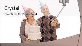  Presentation with birthday party - Colorful PPT theme enhanced with b day celebration - joyful seniors with party hats backdrop and a sky blue colored foreground