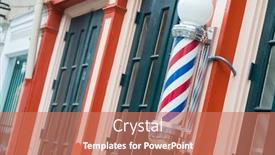  Presentation with pole - PPT theme enhanced with barber shop red sign - babershop pole on store front background and a coral colored foreground