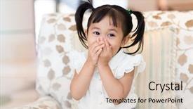  Presentation with mouth - Colorful presentation design enhanced with babe - happy girl with hand cover backdrop and a soft green colored foreground