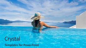  Presentation with santorini - Slides enhanced with babe - woman enjoying relaxation in pool background and a cyan colored foreground