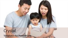  Presentation with baby book - Presentation having babies education - young couple reading book background and a coral colored foreground