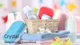  Presentation with baby shower - Colorful slide set enhanced with baby accessories for bathing backdrop and a light blue colored foreground