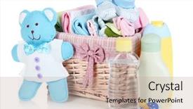  Presentation with baby bear - Colorful PPT theme enhanced with baby accessories isolated on white backdrop and a coral colored foreground