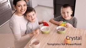  Presentation with nanny - Cool new PPT theme with baby alimentation - nanny feeding cute little boys backdrop and a coral colored foreground