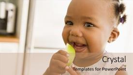  Presentation with group of three young girl - Theme featuring baby alimentation - young girl eating apple indoors background and a coral colored foreground