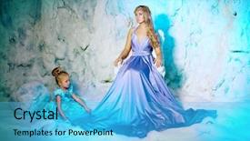  Presentation with tale - Colorful presentation enhanced with little girl with mother in princess dress on a background of a winter fairy tale baby and mom snow queen sweet smiling child and mum snowy kingdom kid in in carnival costume backdrop and a light blue colored foreground