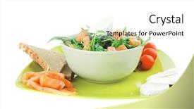  Presentation with green plate - Slide set having baby barsa - green salad with smoked salmon background and a white colored foreground