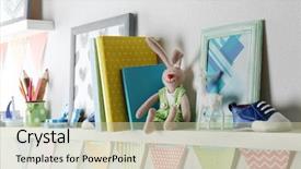  Presentation with room - Audience pleasing PPT layouts consisting of baby book - shelves with toys in child backdrop and a mint green colored foreground