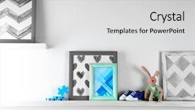  Presentation with child development developing toy - Amazing slide deck having baby book - shelves with toys in child backdrop and a light gray colored foreground