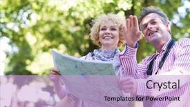  Presentation with aged map - Presentation theme consisting of baby boomers - happy middle-aged couple holding map background and a  colored foreground
