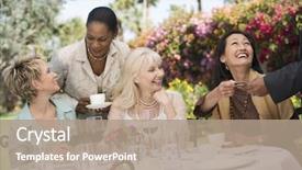  Presentation with dinner party - PPT layouts having baby boomers - happy multiethnic female friends enjoying background and a coral colored foreground