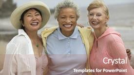  Presentation with vacation - Slide set with baby boomers - portrait of cheerful female friends background and a coral colored foreground