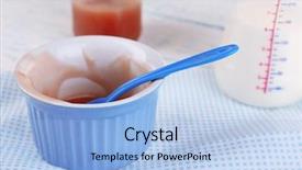  Presentation with baby milk - Colorful presentation design enhanced with baby bottle with milk and dirty bowl on wooden table backdrop and a light blue colored foreground