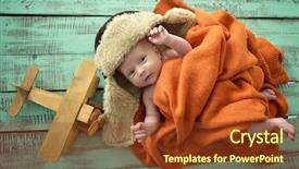  Presentation with baby toy - Presentation theme having baby boy aviator with pilot scarf and hat and handmade toy airplane over vintage wooden background background and a tawny brown colored foreground
